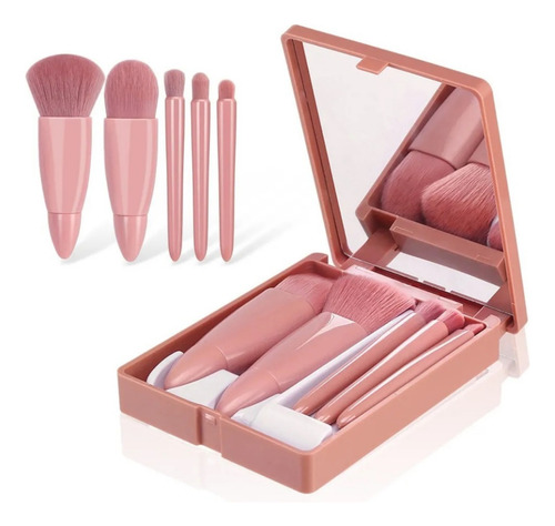 Kit Estojo Com Espelho De Maquiagem + 5 Pincel Cor Multicolorido