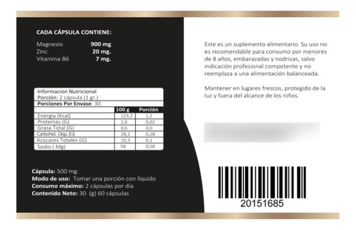 Zma Magnesio + Zinc + Vitamina B6 60 Capsulas Sin Sabor