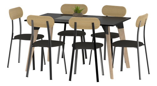 Mesa Rectangular 140 Cm Con 6 Sillas Modernas De Caño Negro Negro Anti Desgarro
