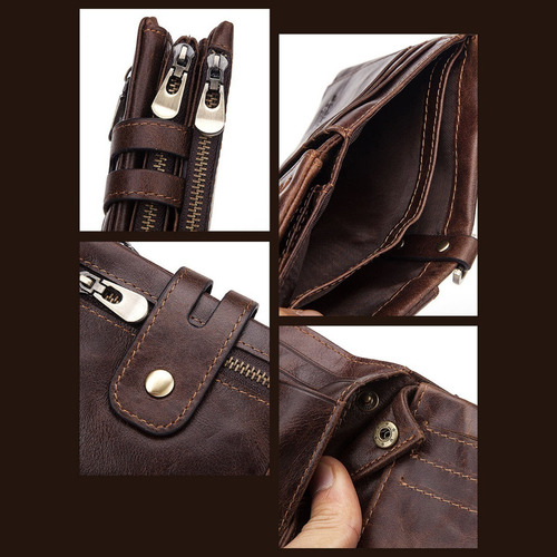 Cartera De Cuero Genuino Para Hombre Con Cadena Antirrobo Y