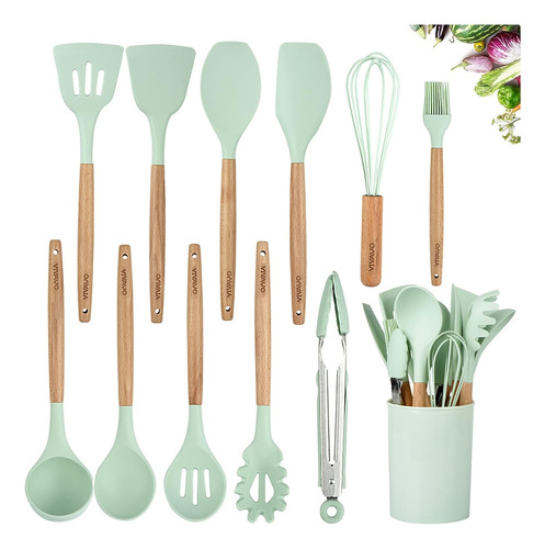 Juego 12 Utensilios Cocina Silicona Mangos Madera