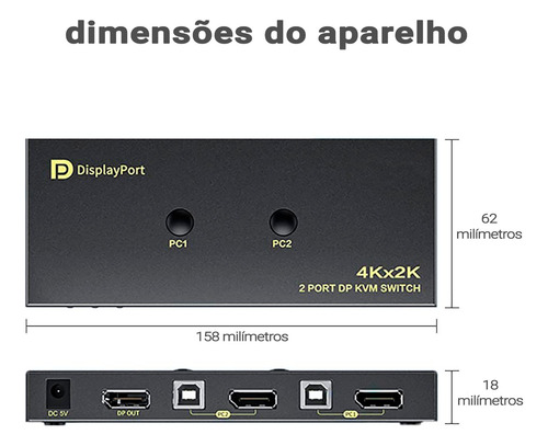 Chaveador Switch Kvm Display Port 2x1 Displayport 4k Usb