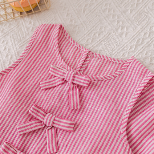 Conjunto Para Niñas Top De Moños Pantalón Pie Ancho Rayas Rosa - Blanco 7 Años