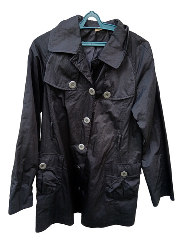 Trench Chaqueta Gabardina Mujer Negra Boton Plateado 