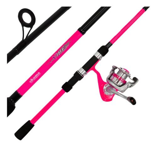 Combo Okuma Caña Reel Vibe 2,10 Mts 2 Tramos Spinning Color Rosa Chicle