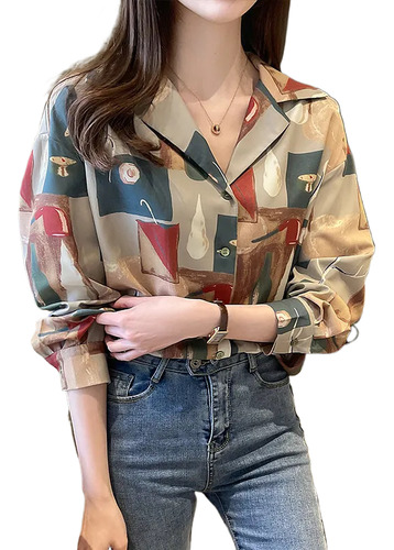 Camisa Casual Con Cuello De Manga Larga Estampada Para Mujer