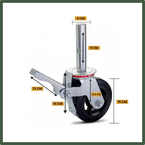 Kit 12 Rodinhas Giratórias Com Trava Freio Para Andaime Suporta Até 400kg Cada Rodízio Industrial luvinco