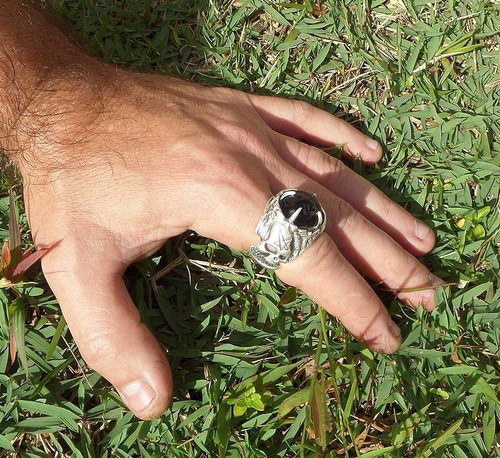 Anel Black Magic Caveira, Pentagrama, Magia Em Prata