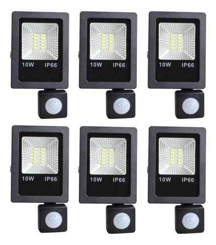 6 Refletor Holofote Led Sensor Presença Fotocélula Frio 10w