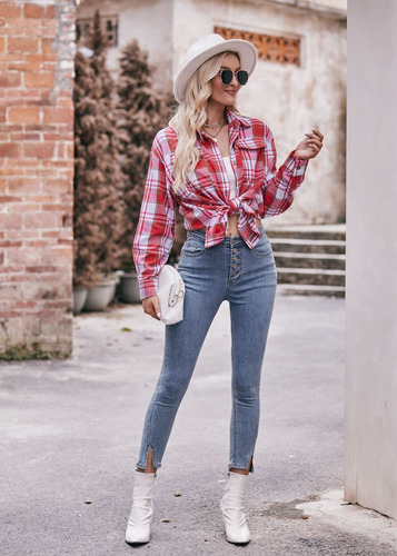 Camisa A Cuadros Mujer Moda Casual Manga Larga Con Botones