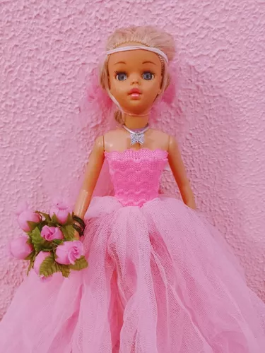 Susi Antiga Roupa Boneca Vestido Longo Rosé Dourado Anos 60