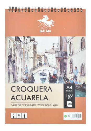 Cuaderno Croquera De Acuarela Para Dibujo A4 160g 24hojas