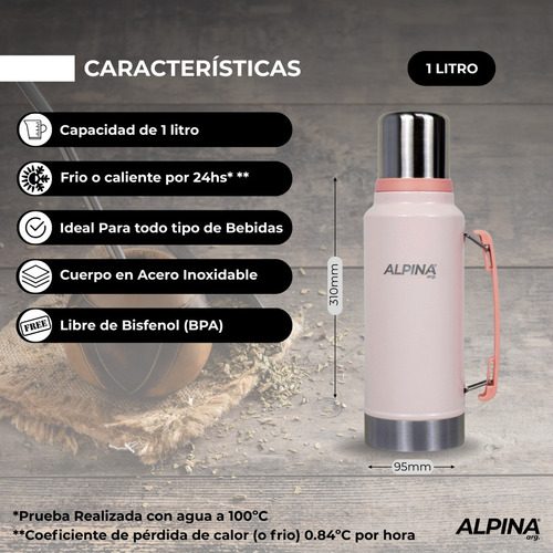 Termo Acero Inoxidable Alpina Classic con Pico Cebador 1 Litro Rosa