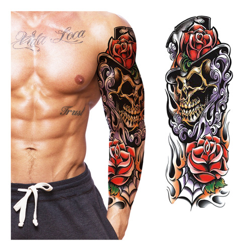 Tatuagem Temporária Caveira Chapéu Rosas - Braço Inteiro