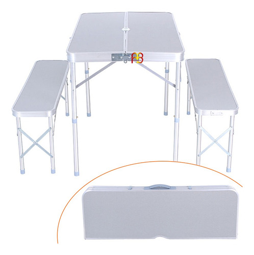 Mesa Plegable De Camping Aluminio + 2 Bancos Estilo Valija 