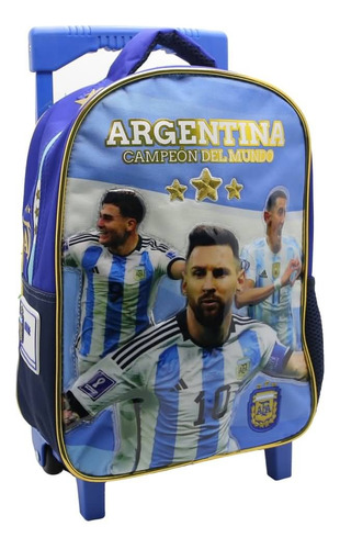 Mochila Escolar Afa Selección Argentina Campeón Con Carro Color Azul Diseño De La Tela Liso