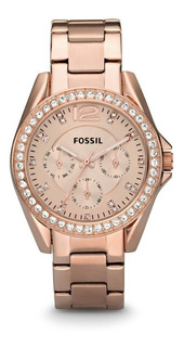 Reloj Fossil ES2811 Riley de cuerpo color oro rosa, analógico, fondo oro rosa, con correa de acero inoxidable color oro rosa, agujas color blanco y oro rosa, dial oro rosa, subesferas color oro rosa,