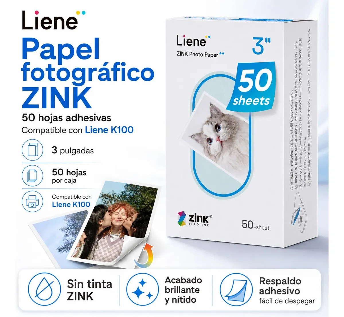 Papel Fotográfico Liene ZINK Adhesivo para Impresora K100, 50 Hojas de 2x3" sin Tinta