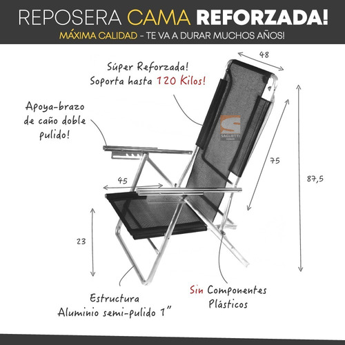Imagen 4 de 10 de Reposera Cama Aluminio Baja Reforzada 120 Kilos Alumel 240