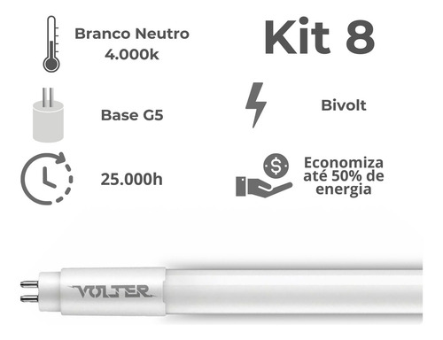 Kit 8 Lâmpada Led Tubular Volter 18w T5 115cm G5 127/220V Branco Neutro 4000k 2000lm