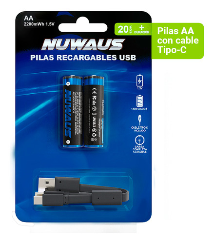 Nuwaus NUBAT002 pilas recargables con 2 pilas aa carga rapida tipo c