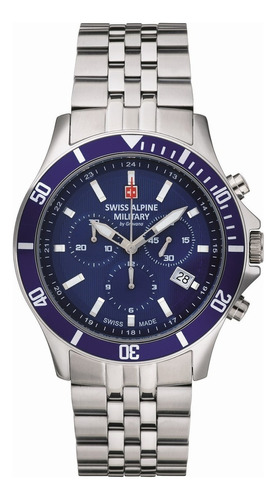 Reloj Swiss Alpine Military Challenger Chrono 7022.9135sam Malla Plateado Bisel Azul Fondo Azul