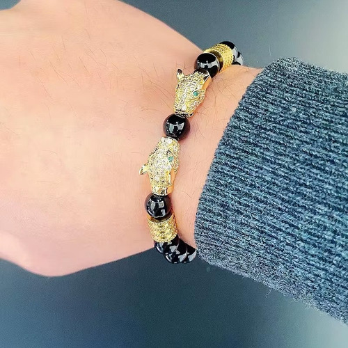 Pulsera Cuentas Negras Jaguares Negros Dorados Plata Dorado 20 Cm