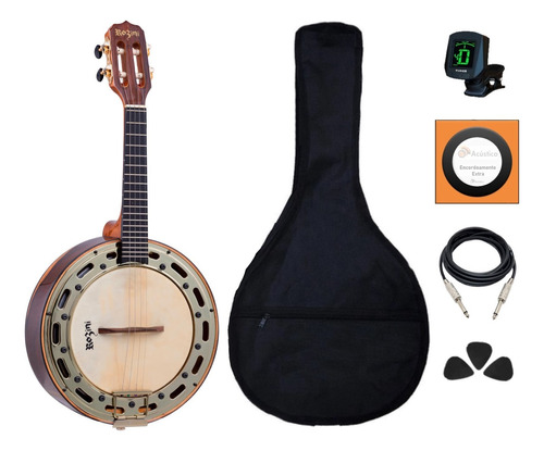 Kit Banjo Rozini Elétrico 4 Cordas Aro Dourado Rj12 Completo