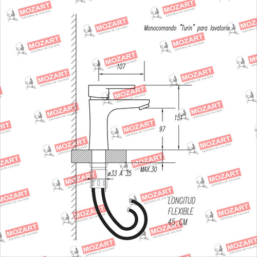 Grifería lavatorio canilla monocomando Mozart Turin premium bajo color acero 7382