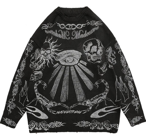 Gothic Punk Rock Hip Hop Skull Flames Y2k Knit Sweater