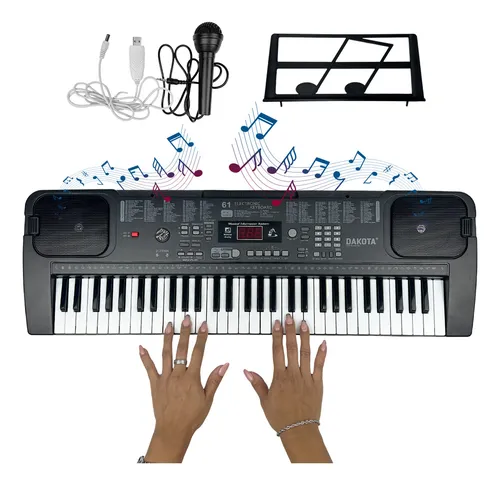 Órgano Teclado Dakota 61 Teclas USB Micrófono Atril 200 Ritmos Negro