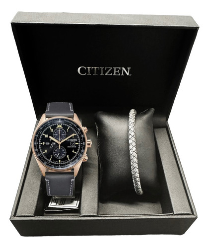 Ca0773-15e Reloj Citizen Cronografo Eco Drive 40mm Gift Set Correa Gris Oscuro Bisel Dorado Fondo Gris Oscuro