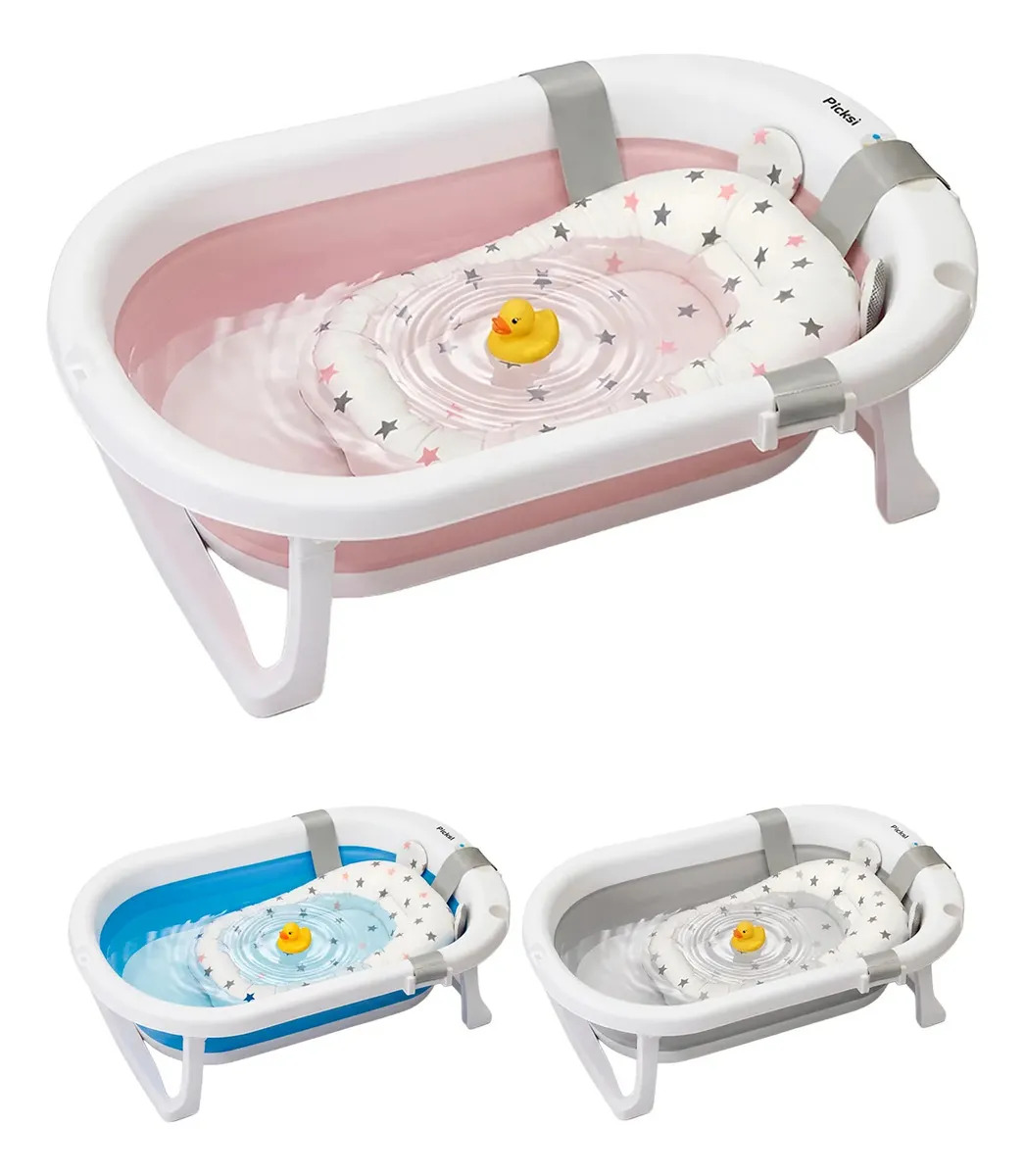Bañera Tina Baño Bebe Plegable Con Cojín Termómetro Picksi Color Rosa Rosa Blanco