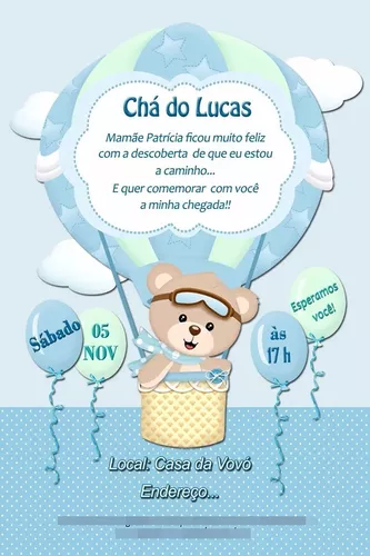 Convite Chá Bebê/ Fraldas - Modelo Bernardo e Lucas - Cha de Bebê/ Fraldas