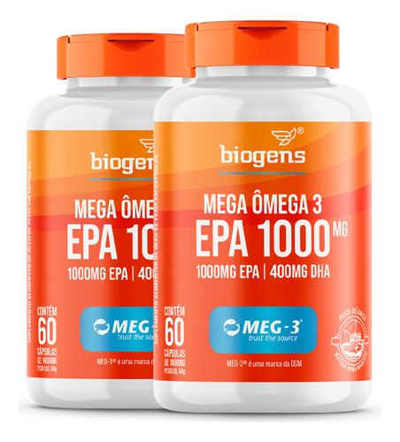 Kit 2x Mega Omega 3 Meg-3, Epa 1000 mg, DHA 400 mg, 60 cápsulas, Biogen