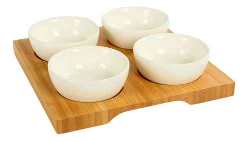 Petisqueira Bambu Com 4 Potes Bowls De Ceramica Petiscos Yoi