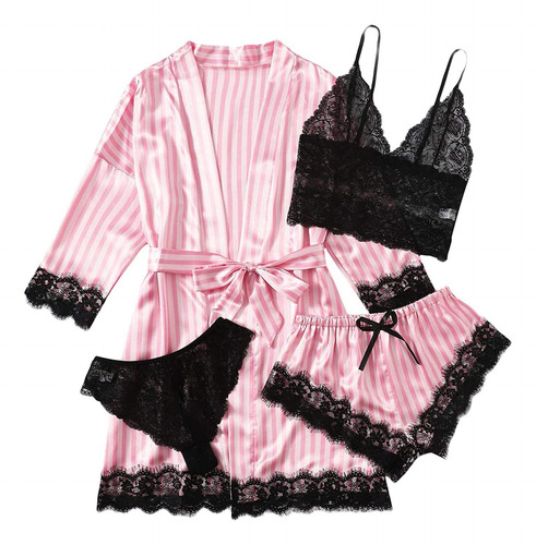 Conjunto De Lencería Liguero De 4 Piezas Para Mujer, Bata De