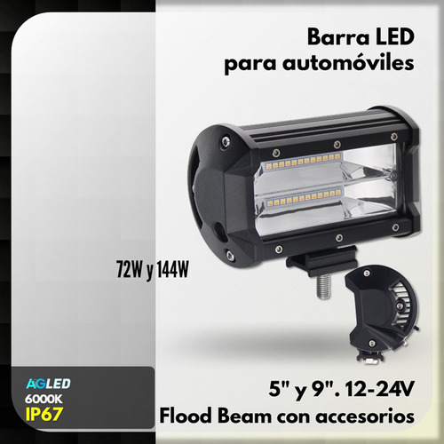 Barra Led Auto 5  72w 6k Ip67 Flood Beam Con Accesorios 12-2