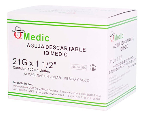 Aguja Descartable Iq Medic 21 G X 1 1/2  Caja X100 Und