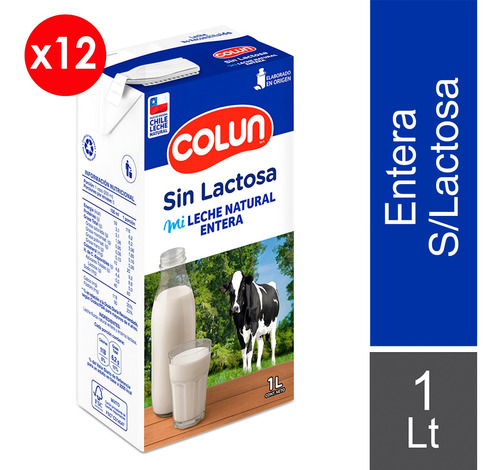 12 Leche Entera Sin Lactosa - 1 Litro - Colun