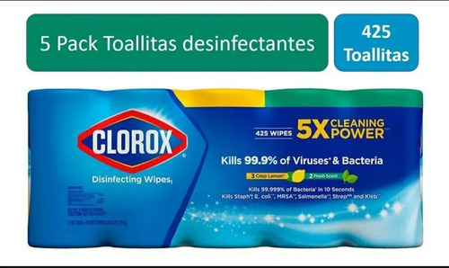 Clorox Toallas Desinfectantes 5 Botes Con 85 Toallitas C/u