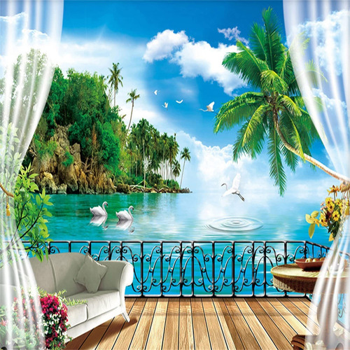 Mural Pared Paisaje Ventana 3d Azul Cielo Nube Pajaro Pegar