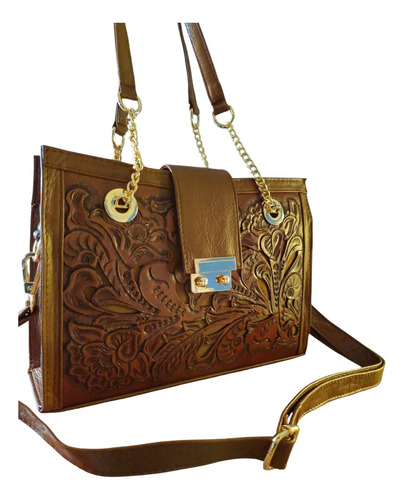 Bolsa Cincelada De Piel Vacuno Marrón Floral Metalicos Marrón