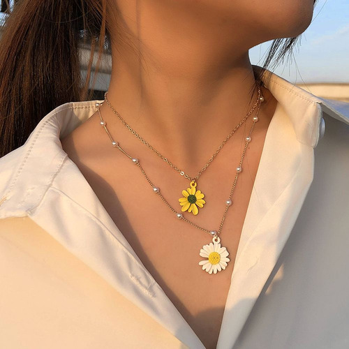 Collar Con Forma De Flor De Margarita Cadena De Perlas En D