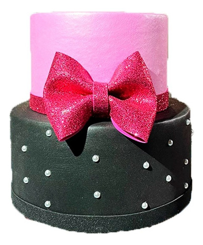 Bolo Fake Preto E Rosa Com Pérolas E Laço De Glitter