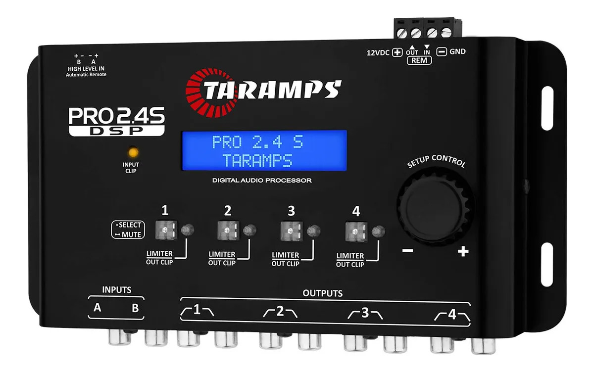 Processador de Áudio Taramps Pro 2.4S Digital 4 Vias Saída RCA e Fio Crossover Equalizador 15 Bandas Anti-Puff Alinhamento Som Automotivo Profissional Alta Performance 12 Presets DSP