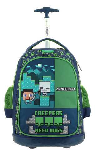 Mochila Escolar Chenson Minecraft Reforzada De Uso Rudo Con Baston Y Ruedas De Gel Con Luz Led Carro, Mc65900-9 Color Azul Ideal Para Primaria Y Secu