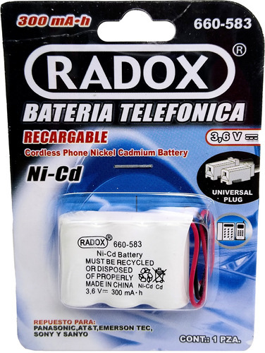 Bateria Recargable Para Telefono Casa  3.6 V 300 Mah Nicd Radox Modelo 660-583
