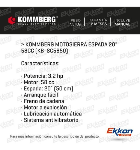 Imagen 2 de 8 de Motosierra Kommberg Espada 20 PLG 58 Cc