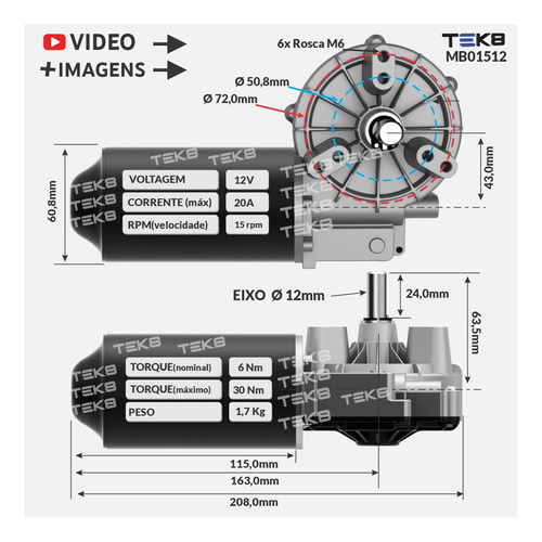Motor Redutor 12v Dc 15 Rpm Alto Torque 12v Pwm Inteligente